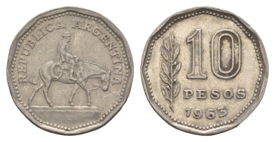 Аргентина 10 песо 1963 Гаучо KM 60, Schon 60, CJ 283 сталь плакированная никелем    3459-457