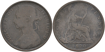 Великобритания 1 пенни 1890 Виктория (1837-1901) KM 755, Spink 3954 бронза 4557-935