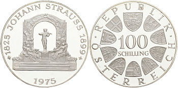 Австрия 100 шиллингов 1975 150 лет со дня рождения Иоганна Штрауса KM 2923 серебро PROOF 02-252-13