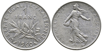 ФРАНЦИЯ 1 ФРАНК 1960 СЕЯТЕЛЬ KM 925.1, LE FRANC 226.4 никель 3999-446