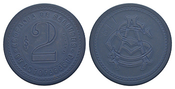 Чили, Антофагаста (Antofagasta) шахтерский жетон с Селитряного рудника для покупки в местных магазинах, номиналом в 2 песо около 1904 диаметр 40 мм, вес 4,76 гр Espinosa 22.11 эбонит (синий) 1094-11-43