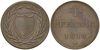 Франкфурт 1 пфенниг (юденпфенниг) 1819 KM Tn5, JuF 1997a медь 4547-348