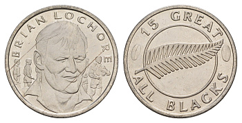 Новая Зеландия 15 великих All Blacks (игроков Сборная Новой Зеландии по регби) Брайан Локор 1989 диаметр 27 мм, вес 8,3 гр медно-никель aUNC 4656-446