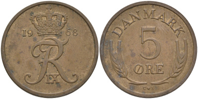 ДАНИЯ 5 ЭРЕ 1968 C; S, ФРЕДЕРИК IX (1947-1972) KM 848.1 бронза 106-116
