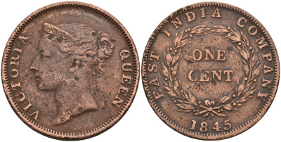 Стрейтс-Сетлментс 1 цент 1845 Виктория (1837-1901), Ост-Индская компания KM 3 медь 4590-121