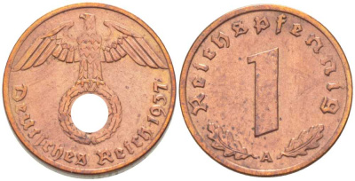 ГЕРМАНИЯ 1 РЕЙХСПФЕННИГ 1937 А KM 89, J. 361 бронза 206-1119