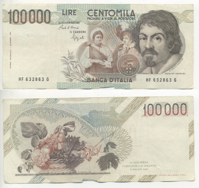 Италия 100000 лир 1983 Караваджо, фруктовый букет, подпись Speziali Pick 110b бумага 7220-10-2
