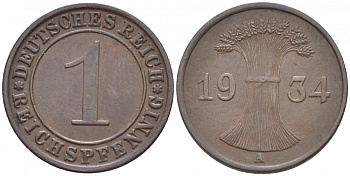 ГЕРМАНИЯ 1 РЕЙХСПФЕННИГ 1934 A KM 37 J. 313 бронза 46-2557
