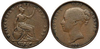 Великобритания 1 пенни 1841 Виктория (1837-1901) KM 739, Spink 3948 медь 1518-1622