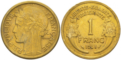 ФРАНЦИЯ 1 ФРАНК 1941 ТИП MORLON KM 885, LE FRANC 219.12 алюминиевая бронза 186-315