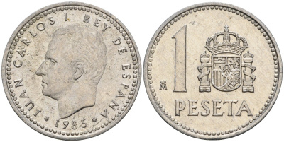 Испания 1 песета 1985 M, Хуан Карлос I (1975-2014) KM 821 алюминий 4401-616