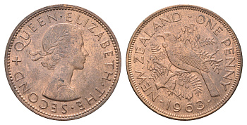 Новая Зеландия 1 пенни 1963 Елизавета II (1952-2022), новозеландский туи KM 24.2 бронза aUNC 4587-741