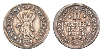 Брауншвейг-Каленберг-Ганновер 2 мариенгроша 1708 HB, Георг I (1698-1727), из коллекции Ричарда Б. Смита Welter 2201, KM 52 серебро 1525-811