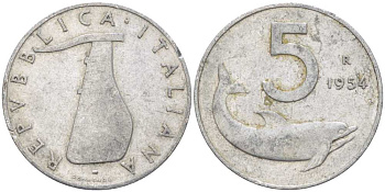 ИТАЛИЯ 5 ЛИР 1954 R, РУЛЬ, ДЕЛЬФИН KM 92 алюминий 175-111
