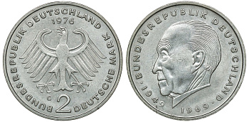 ФРГ 2 МАРКИ 1976 G, КОНРАД АДЕНАУЭР KM 124, J. 406 медно-никель плакированный никелем плакированный никелем UNC 72-513