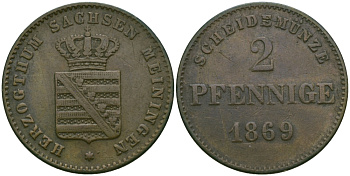 Саксен-Мейнинген 2 пфеннига 1869 Георг II (1866-1914) KM 174, Jaeger 448, AKS 215 медь 99-665