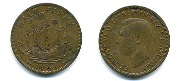 Великобритания 1/2 пенни 1941 Георг VI (1936-1952) KM 844, Spink 4115 бронза 4379-1155