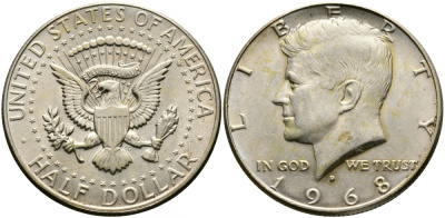 США 1/2 доллара (50 центов) 1968 D, Джон Кеннеди KM 202a серебро UNC 413-2645