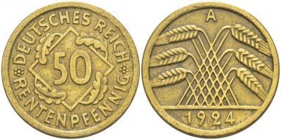 Германия 50 рентенпфеннигов 1924 A KM 34, J. 310 алюминиевая бронза 633-1012