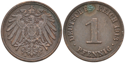 Германия 1 пфенниг 1913 А KM 10, J. 10 бронза    4594-1114