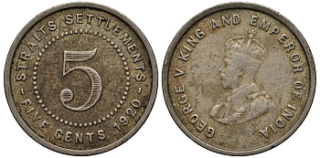 Стрейтс-Сетлментс 5 центов 1920 Георг V (1910-1936), год тип KM 34 медно-никель 3334-1253
