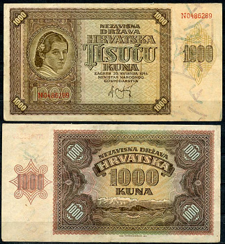 Хорватия 1000 кун 1941 женщина, горы Велебит Pick 4 бумага 8619-5-2-2