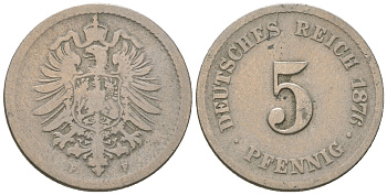 Германия 5 пфеннигов 1876 F, старогербовка KM 3, J.3 медно-никель 4164-654