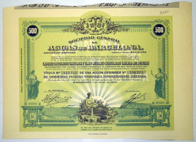ИСПАНИЯ, AGUAS DE BARSELONA - ВОДОПРОВОДНАЯ КОМПАНИЯ БАРСЕЛОНЫ АКЦИЯ В 500 ПЕСЕТ 1959 ИСПАНИЯ бумага 5553-9