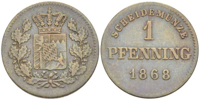 Бавария 1 пфенниг 1868 Людвиг II (1864-1886) КМ 471, Jaeger 91 AKS 185 медь 201-255