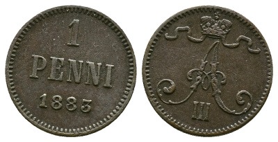 РОССИЯ ДЛЯ ФИНЛЯНДИИ 1 ПЕННИ 1883 АЛЕКСАНДР III KM 10, Биткин 251 медь 4383-436
