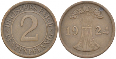 ГЕРМАНИЯ 2 РЕНТЕНПФЕННИГА 1924 A KM 31, J.307 бронза 4532-539