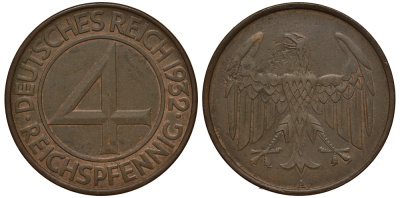 ГЕРМАНИЯ 4 РЕЙХСПФЕННИГА 1932 A KM 75, J. 315 медь 413-3523