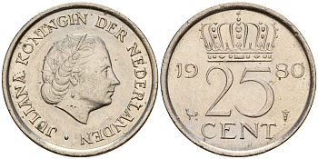 Нидерланды 25 центов 1980 Юлиана (1949-1980) KM 183 никель    4598-535