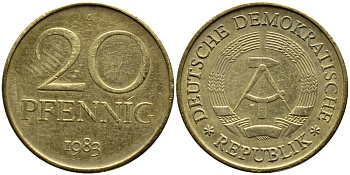 ГДР 20 пфеннигов 1983 A КМ 11 латунь 261-955