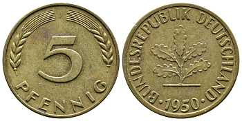 ФРГ 5 ПФЕННИГОВ 1950 J KM 107, J.382 сталь плакированная латунью 26-1066