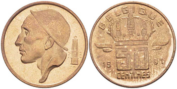 БЕЛЬГИЯ 50 САНТИМОВ 1991 BELGIQUE, БОДУЭН I (1951-1993) KM 148.1 бронза 214-647