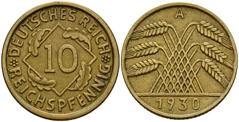 Германия 10 рейхспфеннигов 1930 A KM 40, J. 317 алюминиевая бронза 4187-1032