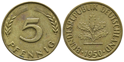 ФРГ 5 ПФЕННИГОВ 1950 J KM 107, J.382 сталь плакированная латунью 26-1066