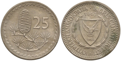 Кипр 25 милей 1963 KM 40 медно-никель 4174-937
