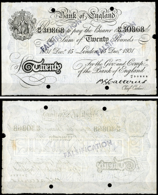 Англия 20 фунтов 1931 Лондон, 15 декабря, Операция "Бернхард", фальшивка в ущерб денежному обращению PW № RB172, Pick 337 a  бумага   444-124-1-1