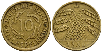 Германия 10 рейхспфеннигов 1930 A KM 40, J. 317 алюминиевая бронза 4187-1032