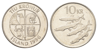 Исландия 10 крон 1996 рыбы KM 29.1a сталь плакированная никелем UNC 4691-244