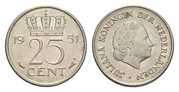 Нидерланды 25 центов 1951 Юлиана (1948-1980) KM 183 никель 4643-239