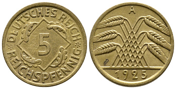 Германия 5 рейхспфеннигов 1925 A KM 39, J. 316, Weege 7 алюминиевая бронза 80-753