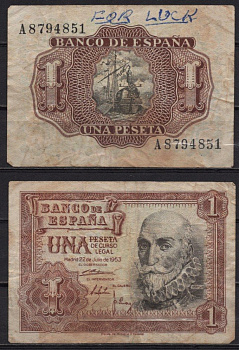 Испания 1 песета 1953 Маркес де Санта-Крус, парусное судно Pick 144 бумага 8518-50-2-2