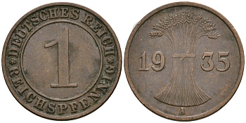 Германия 1 рейхспфенниг 1935 A KM 37, J. 313 бронза 4528-544