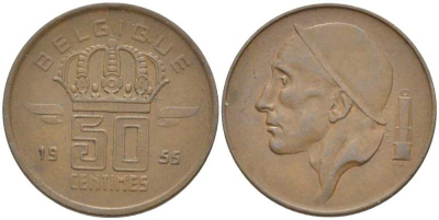БЕЛЬГИЯ 50 САНТИМОВ 1955 BELGIQUE, БОДУЭН I (1951-1993) KM 144 бронза 116-1014