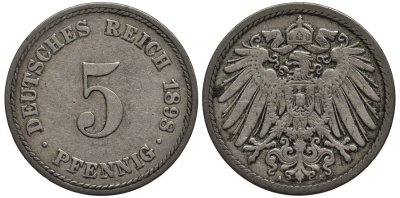 ГЕРМАНИЯ 5 ПФЕННИГОВ 1898 A KM 11, Jager 12, Weege 6 медно-никель 4547-356