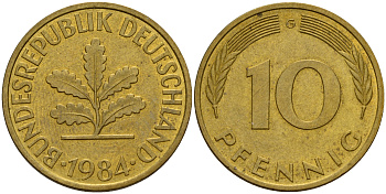 ФРГ 10 пфеннигов 1984 G J. 383, KM 108 сталь плакированная латунью    4603-533