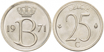 Бельгия 25 сантимов 1971 Belgie, Бодуэн I (1951-1993 KM 154.1 медно-никель UNC 3996-1124